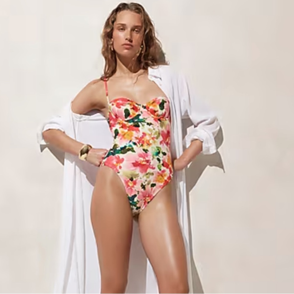 J. Crew Pink Floral One-Piece Swimsuit with Green Accents - Picture 8 of 8